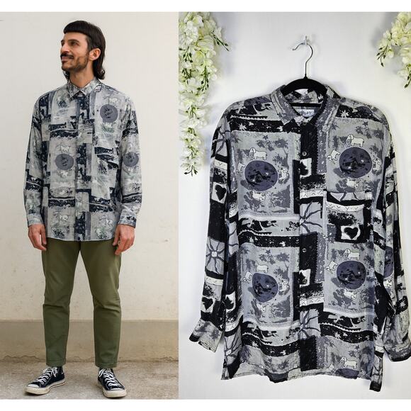 Vintage Mens Large Silk Button Up Gray Abstract Elephant Art Unique 80s Funky - Picture 1 of 12